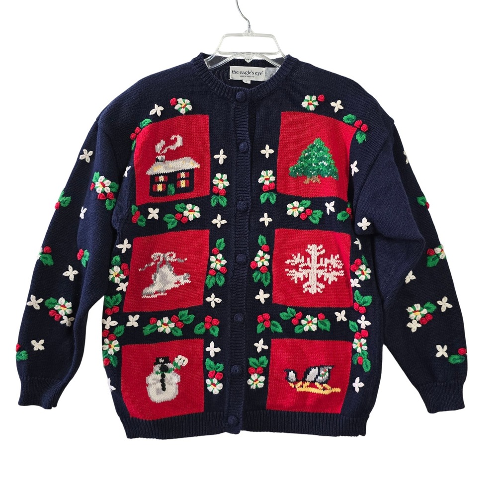 Vintage 90s‎ Eagles Eye Christmas Sweater Lrg Cottage Snowman Cabin Cotton Ramie